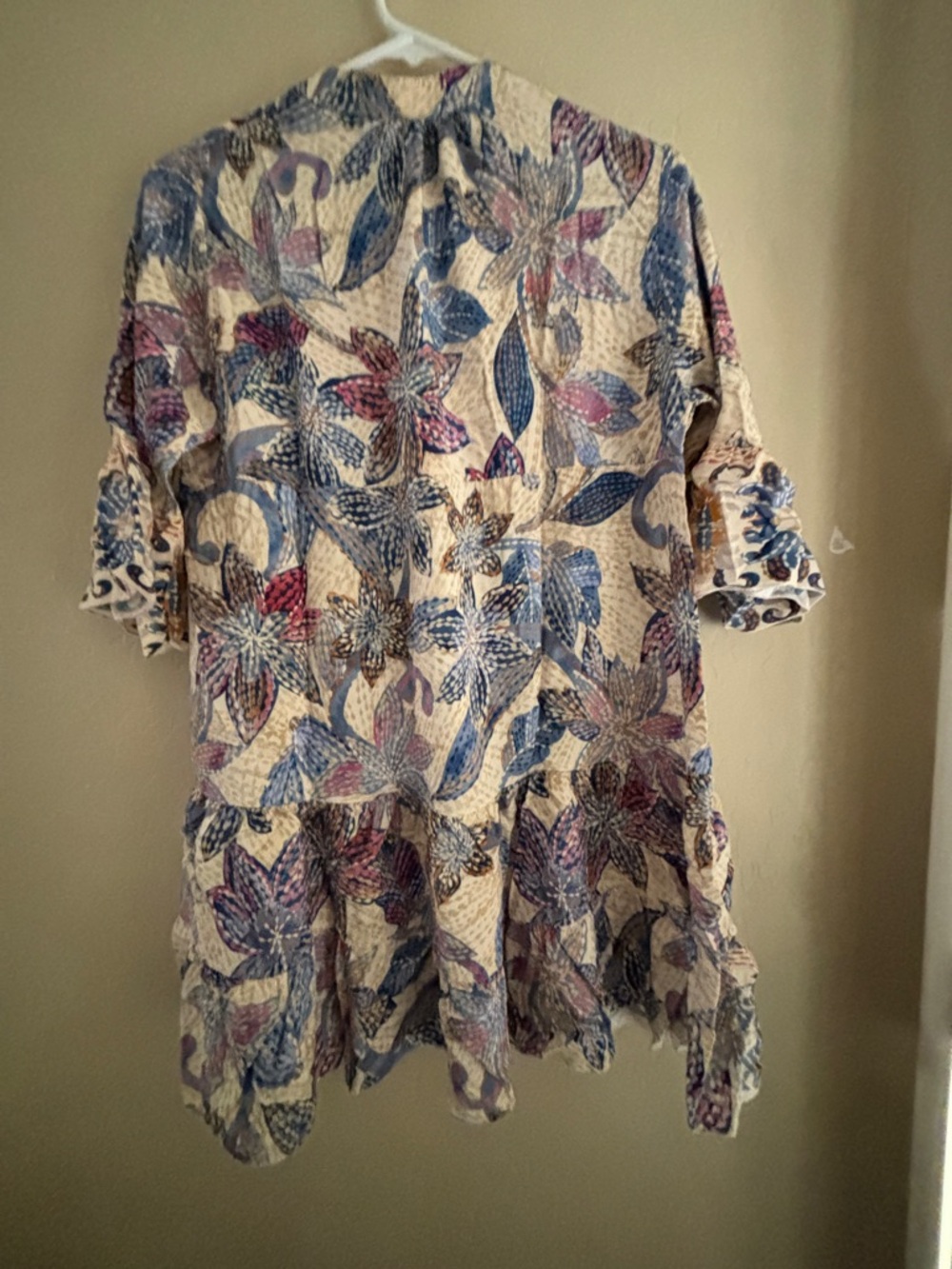 Made in Italy Bohemian Floral Tiered Mini Dress in Cream, Blue & Pink Women’s M - Picture 4 of 13